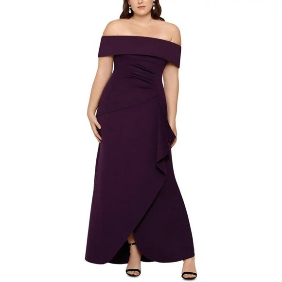 New Xscape Womens Burgundy Off Shoulder Asymmetrical Hem Gown Dress Size 18W - Picture 1 of 2